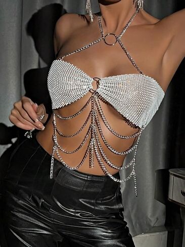 SOLY HUX Women's Rhinestone Halter Neck Top Glitter Sexy Party Clubwear Camisole Crop Tops in Saudi Arabia