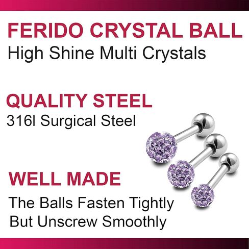 Bodyjewellery 3 قطع 16 جرام 1/4 الغضروف الزنمة الحديد مسمار إلى الأمام الحلزون العلوي الكرة Ferido كريستال الجراحية الصلب-اختيار اللون in Kuwait