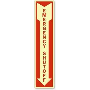 SmartSign “Emergency Shut-Off" Label with Down Arrow | 18" x 4" Glow-in-The-Dark Laminated Vinyl,S-1602G-GS-18