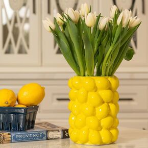 BIEN BEAU Lemon Vase -7 Inch Tall Yellow Ceramic Mediterranean Style Tabletop Vase Holder with 3D Lemon Design- Lemon Kitchen Decor Inspire - Lemon Themed Gifts