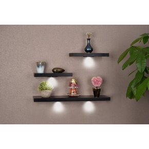 أرفف حائط خشبية عائمة متعددة الاستخدامات من SkyMall مع مصابيح LED - أسود (مجموعة من 3)