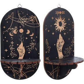 CRASPIRE 2 Sets Small Crystal Shelf Black Sun Crystal Display Shelf Magical Boho Hand Shelf Witch Stuff Wooden Hanging Rustic Crystal Holder Stand for Crystals Essential Oil Necklace Jewelry