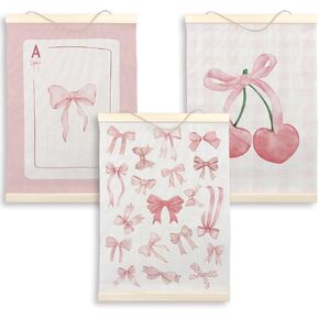 LKETW Pink Bow Card Cherry Poster Hanger Frame 12x16 inch Set of 3, Preppy Wall Art with Wooden Frames for Dorm Decor, Trendy Bow Room Decor, Girly Trendy Hanging Banner for Girls Bedroom Dorm Decor