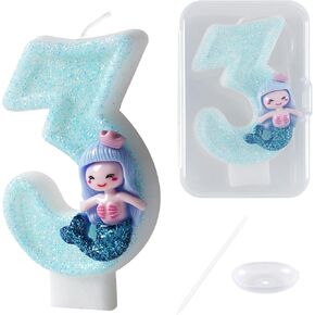 Mermaid 3th Birthday Candle, Mermaid Number 3 Cake Candle Birthday Cake Topper for Mermaid 3th Birthday Party Decorations