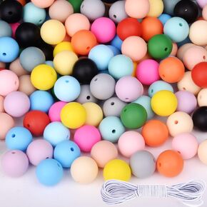 100Pcs Letter Silicone Beads Bracelet Making kit, 12mm Soft Rubber Round Beads for Keychain Wristlets, Loose Beads Crafts for Pacifier Clips Teething Lanyards Necklace Jewelry DIY with Elastic String