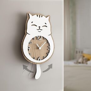 goodtime Cat Clock, Gift Newborn, Pendulum Clock, Animal Clock, Kids Room Decor, Wall Clock for Kids, Gift for cat, 16.5"x9", White & Natural Color