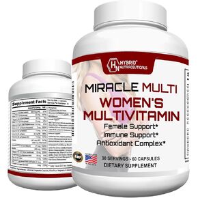 Hybrid Nutraceuticals MiracleMulti Multivitamin for Women - Female Support Formula, Immune Support, Minerals, Biotin, Antioxidants & Superfoods Blend – 60 Capsules