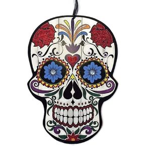 Mexican Day of The Dead Sugar Skull Wood Wall Sign, Dia de Los Muertos Halloween Decorations (Red Roses, 1) in Saudi Arabia