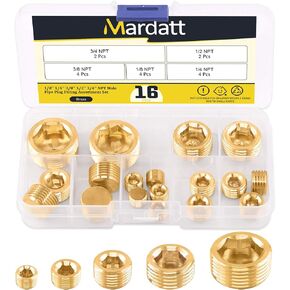 16Pcs 5 Sizes Brass NPT Plug Assortment Kit, 1/8" 1/4" 3/8" 1/2" 3/4" Internal Hex Counter Sunk Pipe Fitting Male Thread Pipe Plug Set