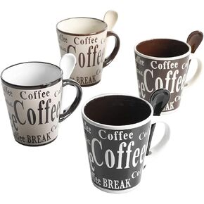 Mr. Coffee Bareggio Mug and Spoon Set, Café Americano, 8-Piece Mug and Spoon Set (14oz)