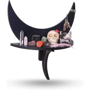 Floating Moon Shelf - Wooden Crystal Display Shelf - Crystal Holder for Stones and Essential Oils - Black Hanging Crescent Moon Phrase Shelf for Crystals- Witchy Gifts for Women