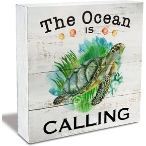 Beach Sign the Ocean is Calling Wood Box Sign Rustic Sea Turtle Wooden Box Sign Beach Ocean Sea Desk Shelf Decor (5 X 5 Inch)