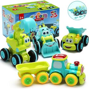 Toys for a 2 Year Old Boy - 4 Friction Powered Trucks for 3+ Year Old Boys, Push & Go Cars Cartoon Construction Vehicle Set - Best Toddler Boys Toys & Toy Trucks, Play Pull Back Car, Idea