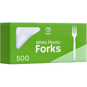 Comfy Package [500 Count] Heavy Duty White Plastic Forks, Extra Heavyweight Disposable Forks Perfect for Restaurants, Parties, and Dinner