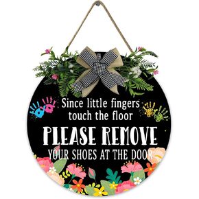Since Little Fingers Touch Our Floor Leave Your Shoes At The Door- Wood Plaque with Buffalo Check Plaid Bow 12in- for All Seasons Farmhouse Home Front Porch Door Decoration