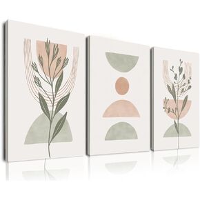 Boho Wall Art Set of 3, Boho Wall Decor, Minimalist Neutral Geometric Line Canvas Artwork Paintings, Framed Abstract Botanical Boho Room Decor for Living Room, Bedroom, Bathroom, Office, Home Decor