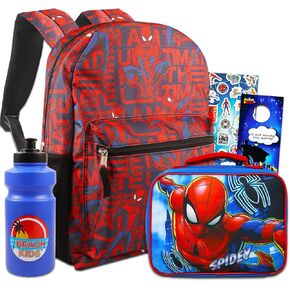 Spider-Man Marvel Backpack & Lunchbox for Boys - Bundle with 16" Avengers Backpack & Lunchbox Plus Water Bottle, Stickers, More | Spiderman School Bag for Kids