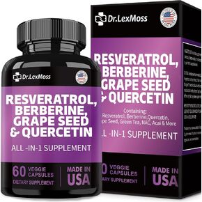 Resveratrol 6000mg Quercetin 4000mg Berberine Supplement 3000mg Grape Seed Extract 3000mg Green Tea Extract, N-Acetyl Cysteine, Acai Extract for Women and Men, 60 Capsules