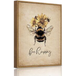 Bee Happy Vintage Framed Canvas Prints Wall Art Bee Yourself Cute Animal Canvas Picture Decor for Living Room Bedroom Office 8x10in (Framed)