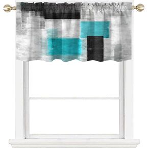 AAtter Teal Black and Grey Kitchen Valance Curtain for Window Turquoise Aqua Gray Silver White Geometric Art Small Short Home Living Room Bedroom Bathroom Drapes Fabric 1 Panel, 52" W x 18" L, Modern