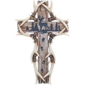 Top Brass Deer Antler Hanging Wall Cross - Rustic Spiritual Jesus Art Decor