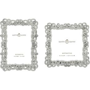 Vintage Weaving Mini Frame Set/Set of 2 / 2x3 & 2.5x2.5 In | For Tabletop Display | Perfect for Home Decor, Wedding, Graduation, Or Milestone Photos (Silver) Gift Box