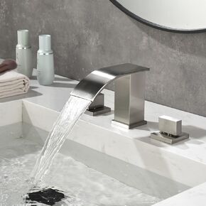 TapLong Solid Brass Modern Waterfall Bathroom Basin Faucet 3 Holes 2 Square Handles Black Matte Sink Faucet, 02757BB
