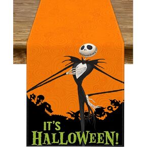 Sunwer It's Halloween Table Runner The Nightmare Before Christmas Jack Skellington Birthday Party Indoor Outdoor Table Cover Decoration Home Kitchen Dining Room (13" x 90")