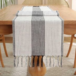 Rustic Farmhouse Table Runner 120 Iches Long Burlap Style 13“ x 120", Handmade Braided Table Runner with Tassels for Dining Party Holiday(Grey)