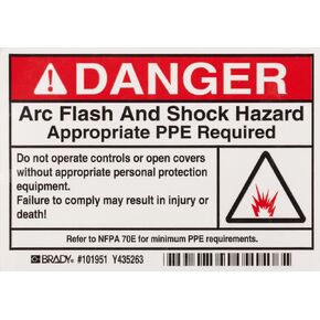 Brady 101951 3.5" Height, 5" Width, B-302 High Performance Polyester, Black And Red On White Color Arc Flash And Shock Label (Pack Of 5)