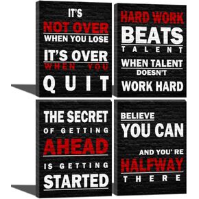 Inspirational Wall Art Poster Quote Motivational Wall Art for Office Living Room Bedroom Gym Black and White Red Positive Quotes Funny Office Wall Decor Sign Office Art 4 pieces