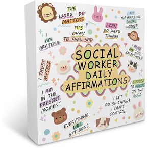 Social Worker Daily Affirmations Mental Health Wood Box Sign Rustic Farmhouse Style Wood Block Plaque Decor for Social Worker Office Therapy Office Counseling Office Wall Desk Shelf Decoration