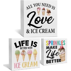 3 Pcs Summer Ice Cream Wood Box Signs Decor Farmhouse Summer Ice Cream Tiered Tray Decor Table Desk Shelf Kitchen Decoration Rustic