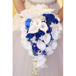 New Bridal Bouquet, Wedding Flowers, Calla Lilies, Artificial Flowers, Waterfalls, Water Drop Style, Collection Decorations (Royal Blue)