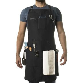 Asaya Chef, BBQ and Work Apron with Bottle Opener and Hand Towel - Durable 10oz Cotton Canvas, Brass Hardware and Cross Back Straps - For Men, Women, Grilling, and Cooking (Black)