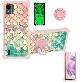 jioeuinly Nokia C110 Case Compatible with Nokia C110 Phone Case N156DL Cover [with Tempered Glass Screen Protector][Hard PC + Soft Silicone][Ring Support] [Gold Glitter+Luminous] JSF-YL