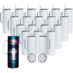 AGH 20oz Sublimation Tumblers with Handle, 4 Pack Double Wall Vacuum Insulated Skinny Sublimation Blanks Mugs with Lid and Straw, Vacuum Tumbler Travel Mug for Hot Cold Drinks