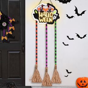 BlcTec Halloween Decorations, 59in Growing Halloween Broom Parking Sign with 3 Style Wooden Witches Brooms, Battery Powered Exquisite Sign Built in Timer for Front Porch, Wall, Door Décor, Style A