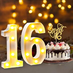 8.7" 16 Decorative LED Light Up Numbers with Cake Topper for Boys Girls White Marquee 16 Numbers Signs for Night Party Decorations 16 Led Sign for 16th Birthday Anniversary Party Supplies (Battery Not Included)