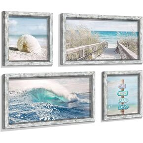 Ocean Wall Art Wooden Framed: Beach Artwork Coastal Prints Set of 4 Seascape Wall Decor for Living Room Overall 36"W x 24"H