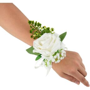 Bride Bouquet Wrist Corsage Groom Boutonniere Wedding Flower Party Decoration (Ivory Set)