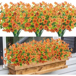 6 Bundles Artificial Fall Flowers Bulk Outdoor UV Resistant Fake Plants for Outside Greenery Shrubs for Planters Window Box Garden Porch Thanksgiving Centerpiece Decorations Orange