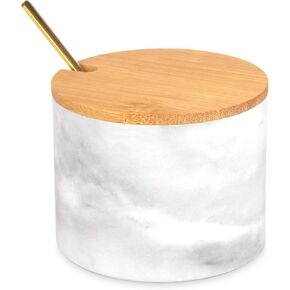 Marble Salt Cellar Box with Bamboo Lid & Metal Spoon, Modern Stone Salt or Pepper Sugar Spice Seasoning Bowl Container Jar Holder Well Keeper Dish Pig Crock for Kitchen (Light Grey)