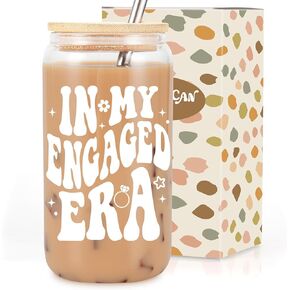 أكواب زجاجية من Coolife سعة 16 أونصة في My Engaged Era مع أغطية قش - هدايا خطوبة للنساء، العروس لتكون هدايا - حفل زفاف، هدايا توديع العزوبية للعروس، هدايا خطيبة للنساء، سيدة المستقبل