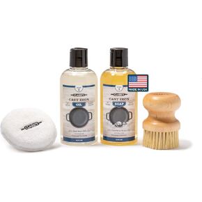 CLARK'S Cast Iron Care Kit with Coconut Oil - Includes Seasoning Oil, Soap, Scrub Brush, and Applicator Pad - Made with Fractionated Coconut Oil - Restore and Preserve Cast Iron Items - Food Safe