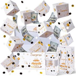 WATINC 16pcs Birthday Surprise Gift Box Explosion for Money, Happy Bday 12 Bounces Exploding Money Boxes with Confetti, Black Gold Pop Out Cash Holder for Women Men Kids Birthday Party Supplies