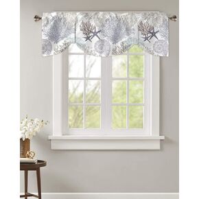 Tie Up Valance Curtain for Kitchen,Khaki Brown Grey Coral Starfish Shell Rod Pocket Short Curtains Adjustable Tie-Up Shade Valances,Underwater World Life Window Treatment for Bathroom 54x18in
