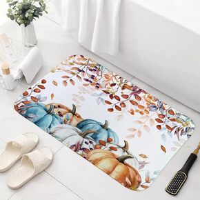 Sanzugh Fall Pumpkin Leaves Bath Mat Rug for Bathroom, Cute Autumn Harvest Thanksgiving Yellow Boho Eucalyptus Leaves Bathroom Floor Rugs Mats Non Slip Kitchen Decor Decoration Accessories 17X29 in