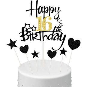 SMENGGIL 30th Birthday Cake Toppers Black Gold Happy 30th Birthday Cake Topper Star Heart Cupcake Topper Birthday Cake Decoration Supplies for Adults Mens Womens 30th Birthday Thirty Anniversary Party