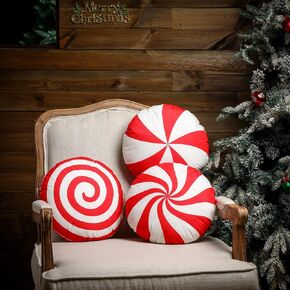 Kigley 3 Pcs Christmas Candy Throw Pillow Xmas Red Spiral Lollipop Pillow Christmas Home Gift Set for Bedroom Bed Sofa Bench Couch Chair Cushion Decoration Red and White, 13.8 Inch